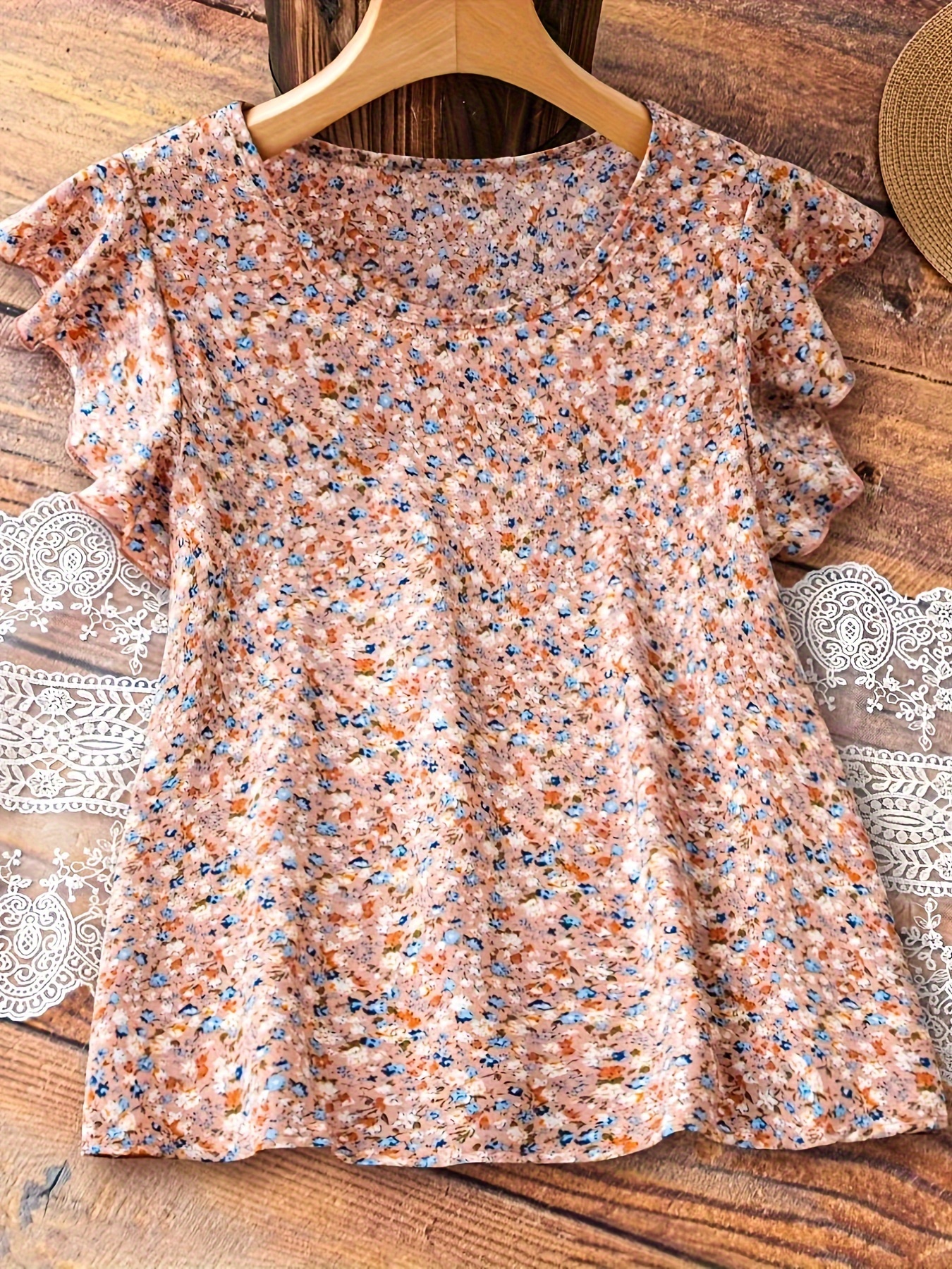 ditsy floral print blouse elegant round neck summer blouse womens clothing details 16