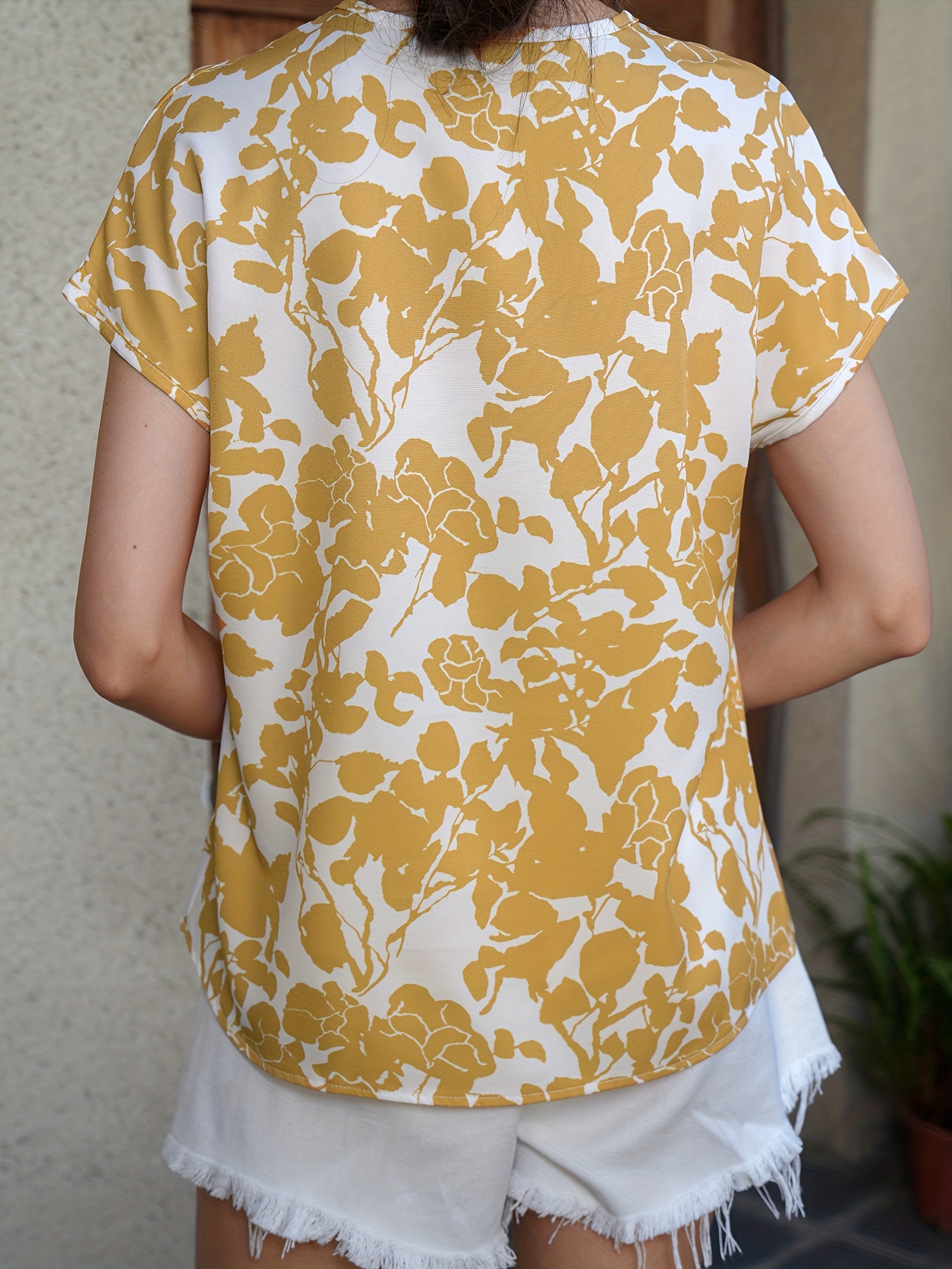 casual floral print v neck blouse short sleeve blouse for spring summer womens clothing details 16